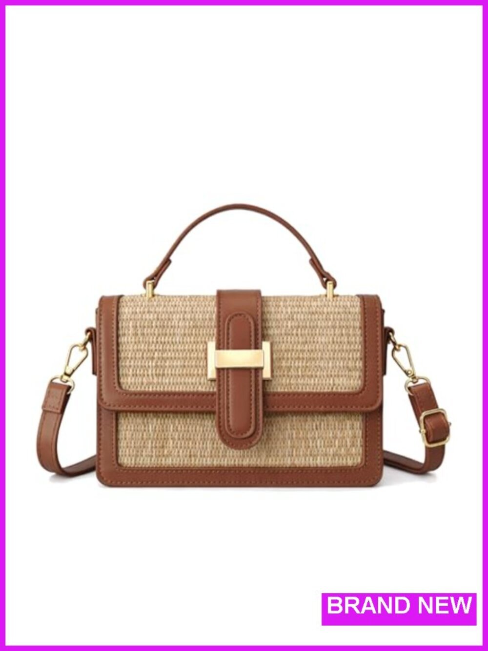Natural Straw Crossbody Bag with PU Leather Trim Top Handle Beach Purse